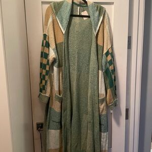 Free People Green and Tan Cardigan Sweater with Geometric Patterns